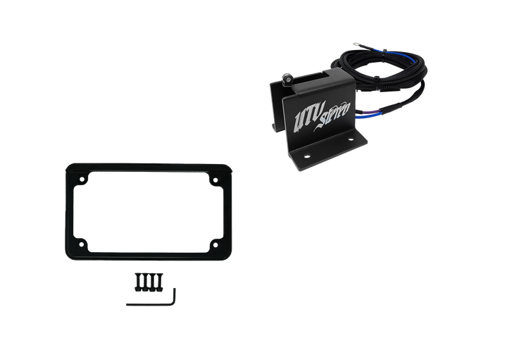 UTV Stereo license plate mount with wiring harness and black frame with mounting hardware