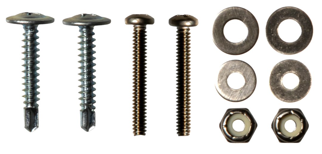 Two self-drilling screws, two machine screws, four flat washers, and two nylon insert lock nuts