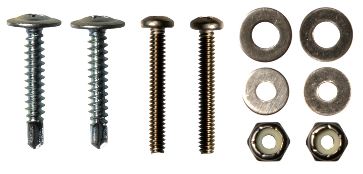 Two self-drilling screws, two machine screws, four flat washers, and two nylon insert lock nuts