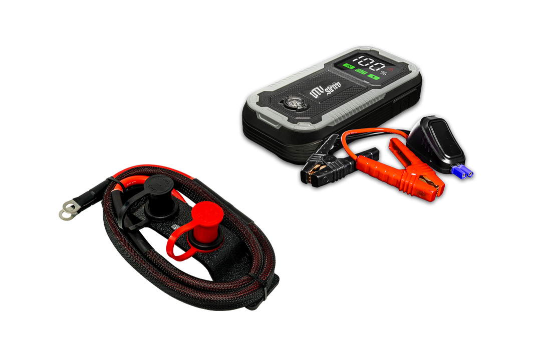 UTV Stereo portable jump starter battery pack with jumper cables and remote charging terminal