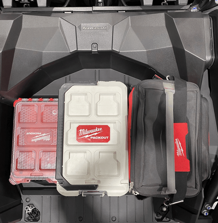 Kawasaki KRX Packout Mount 1.5 by AJK Offroad top down view of three kits installed