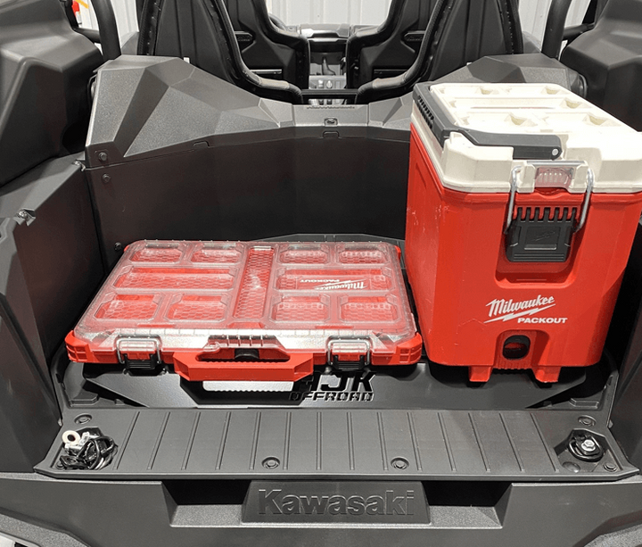 Kawasaki KRX Packout Mount 1.5 by AJK Offroad with one thin box and a cooler