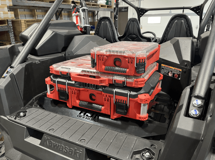 Kawasaki KRX Packout Mount - Subwoofer Compatible by AJK Offroad large kit with slim kit and smaller kit stacked right side view   