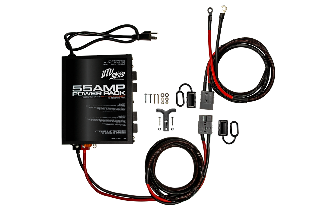 UTV Stereo 55 amp power pack battery charger kit with cables and mounting hardware