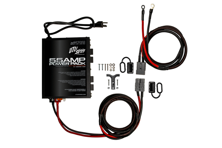 UTV Stereo 55 amp power pack battery charger kit with cables and mounting hardware