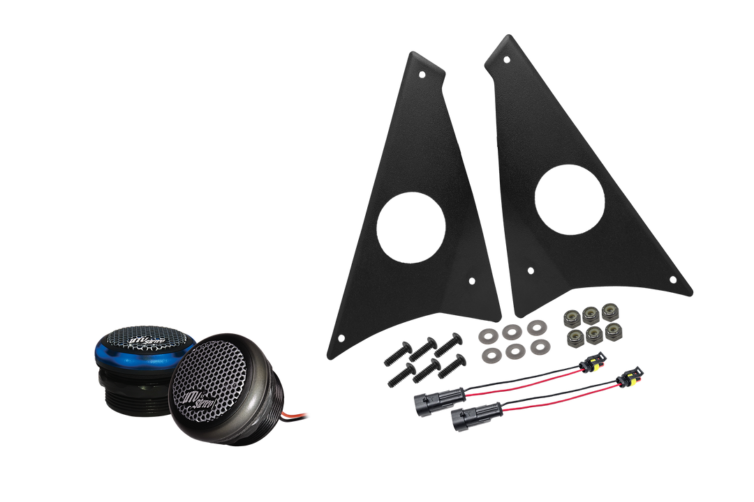 UTV Stereo speaker mounting kit with two speakers, two black metal brackets, screws, washers, and wiring harnesses