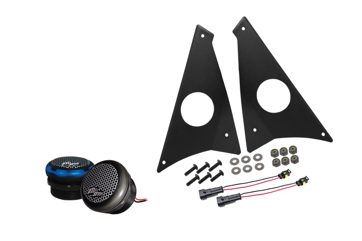 UTV Stereo speaker mounting kit with two speakers, two black metal brackets, screws, washers, and wiring harnesses