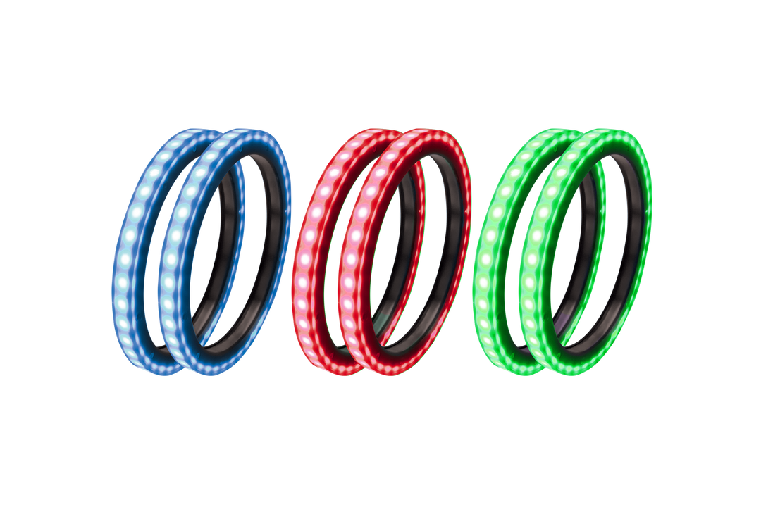 Three pairs of circular LED light rings in blue red and green