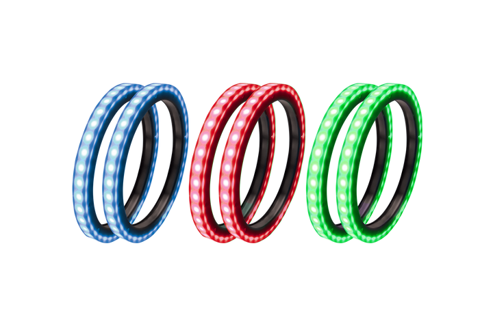 Three pairs of circular LED light rings in blue red and green