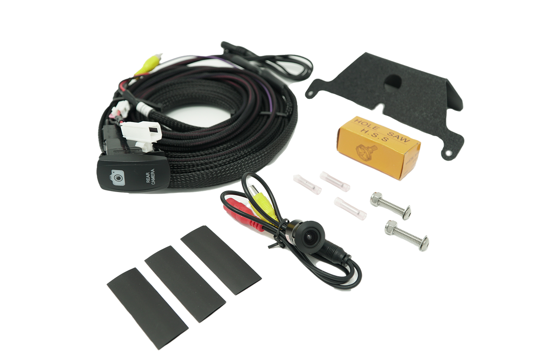 Rear camera installation kit with wiring harness switch camera hole saw and mounting hardware