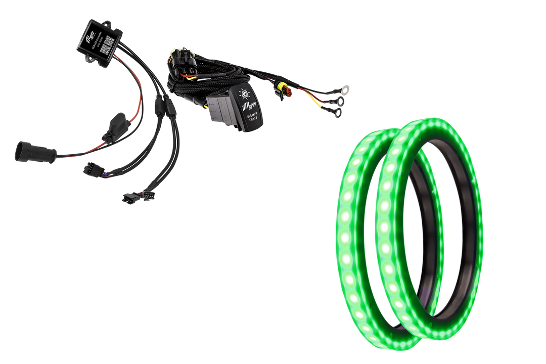 UTV Stereo RGB LED speaker ring kit with controller wiring harness and rocker switch