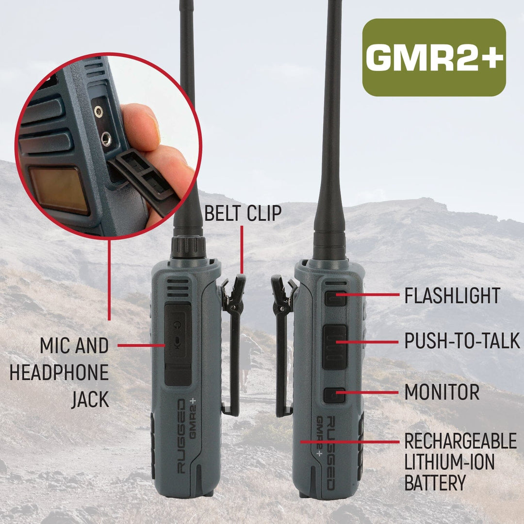 Adventure Pack - Rugged GMR2 PLUS - GMRS and FRS Two Way Handheld Radios with Accessories - Grey