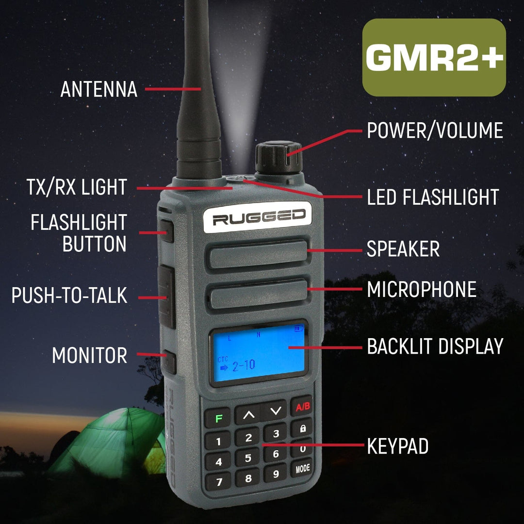 Adventure Pack - Rugged GMR2 PLUS - GMRS and FRS Two Way Handheld Radios with Accessories - Grey