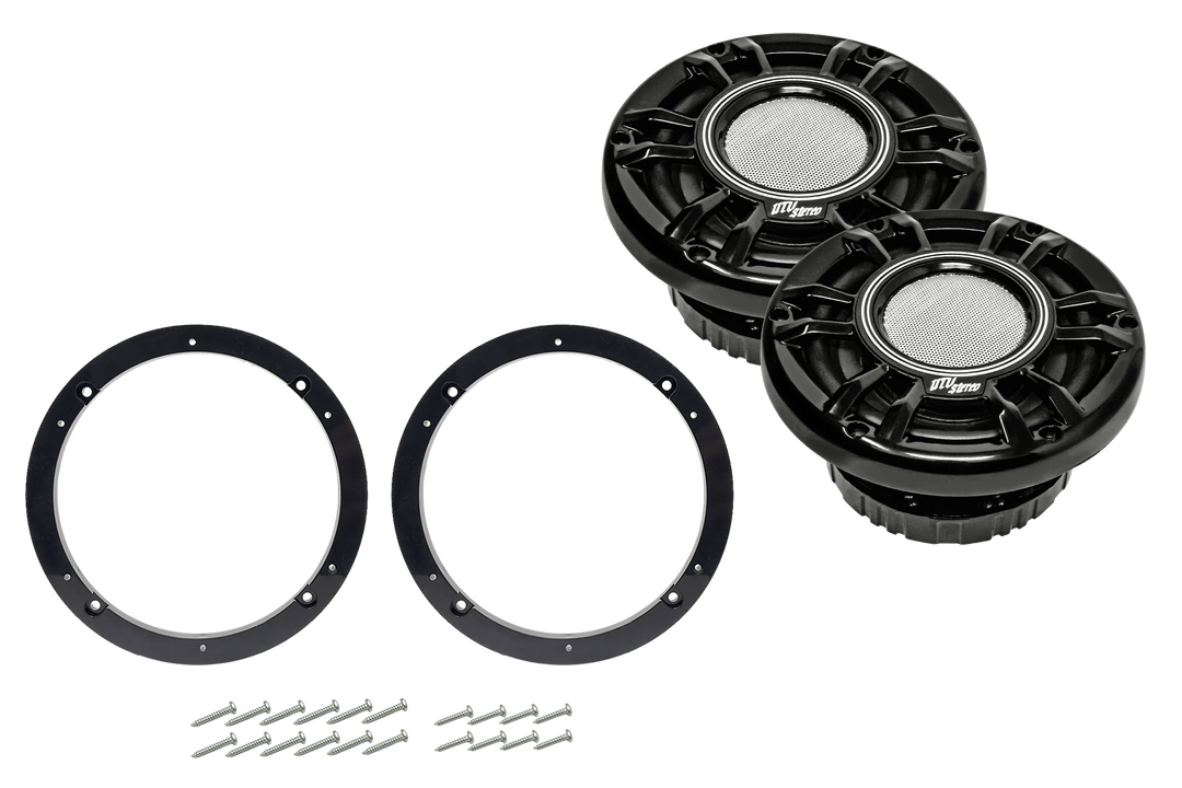 Two UTV Stereo speakers with mounting rings and screws