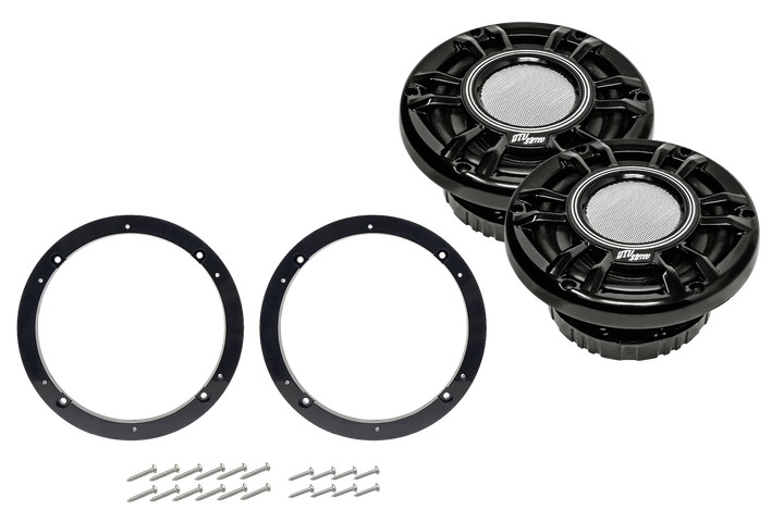 Two UTV Stereo speakers with mounting rings and screws