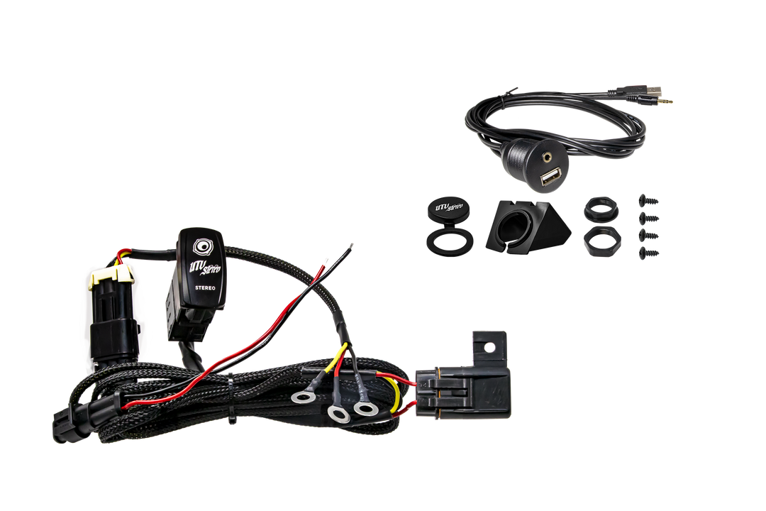 UTV Stereo wiring harness with USB and auxiliary port mounting kit and hardware