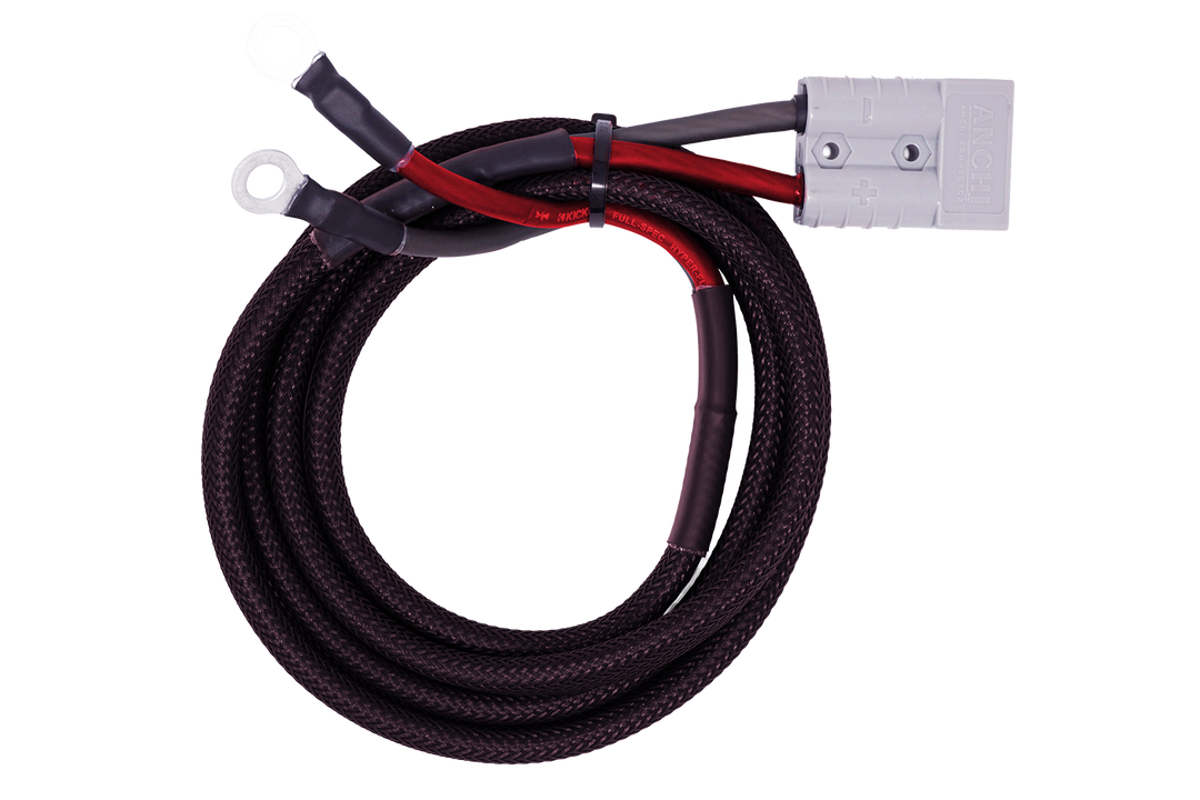 Coiled black braided power cable with Anchi connector and two ring terminals