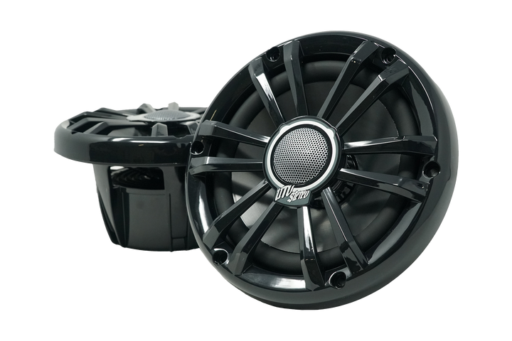 Two black UTV Stereo marine speakers with mesh center grilles