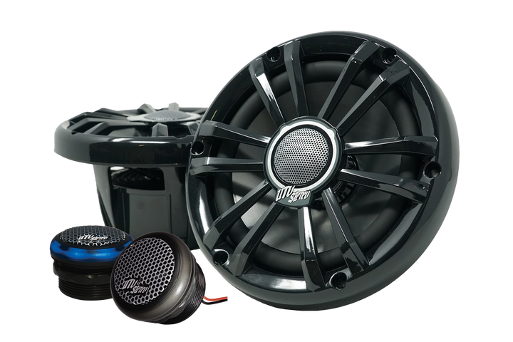 UTV Stereo speaker set with two large black speakers and two small tweeters