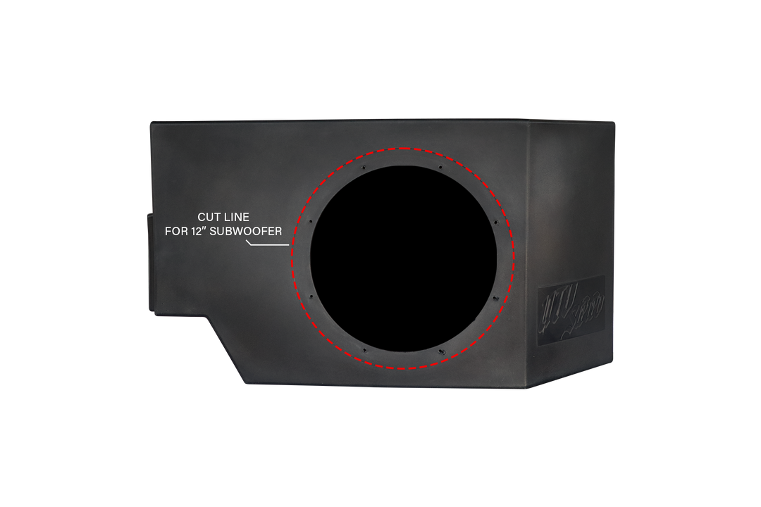 UTV Stereo subwoofer enclosure with a red dashed cut line for a 12 inch subwoofer