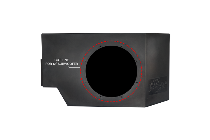 UTV Stereo subwoofer enclosure with a red dashed cut line for a 12 inch subwoofer
