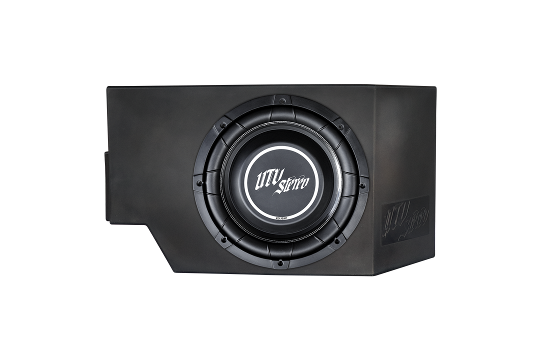 UTV Stereo subwoofer in a black enclosure