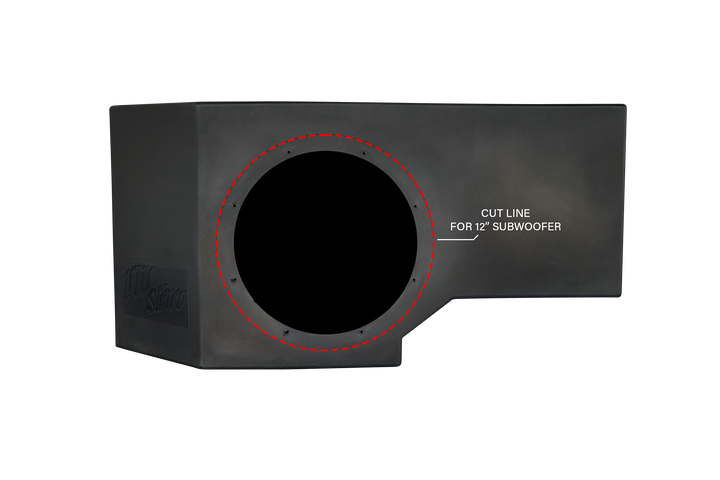 UTV Stereo subwoofer enclosure with red dashed cut line for 12 inch subwoofer