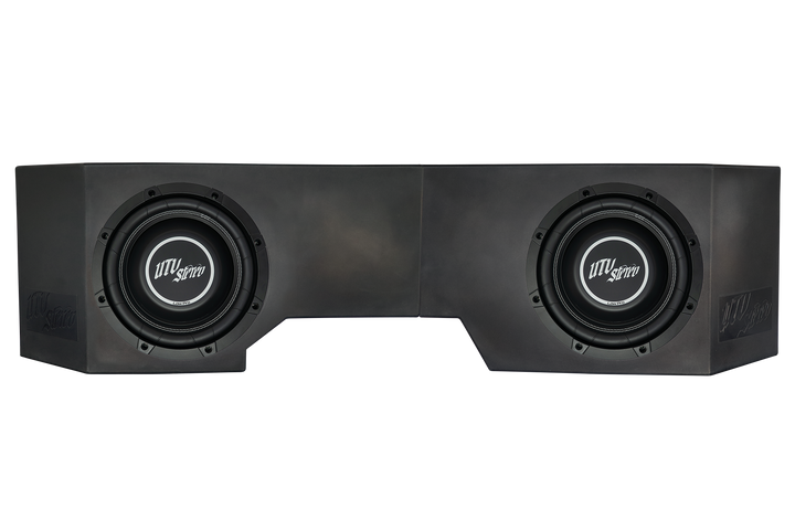 UTV Stereo dual subwoofer enclosure with two black speakers