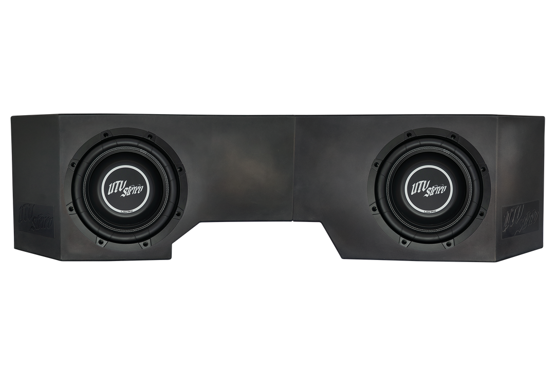 UTV Stereo dual subwoofer enclosure with two black speakers