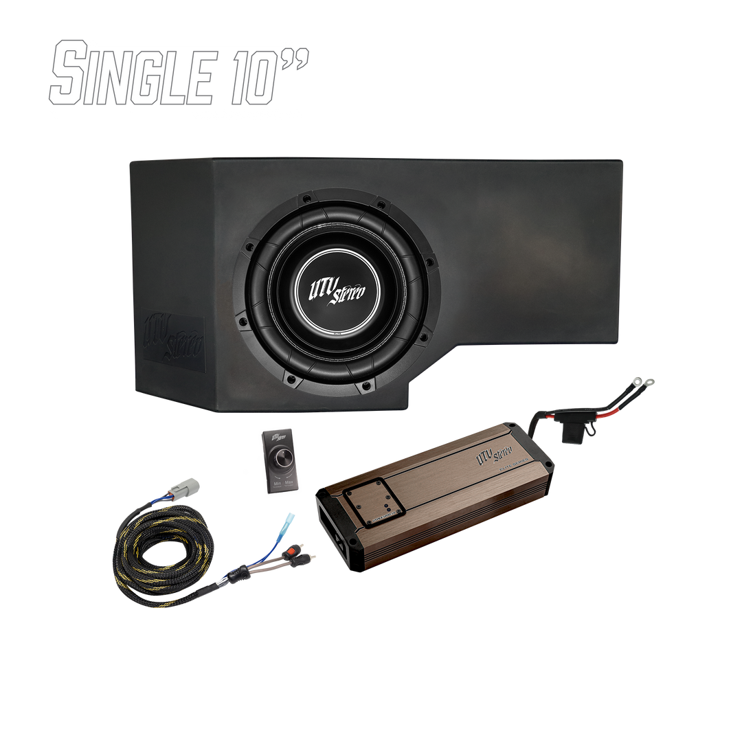UTV Stereo single 10 inch subwoofer enclosure with amplifier, bass knob, and wiring harness