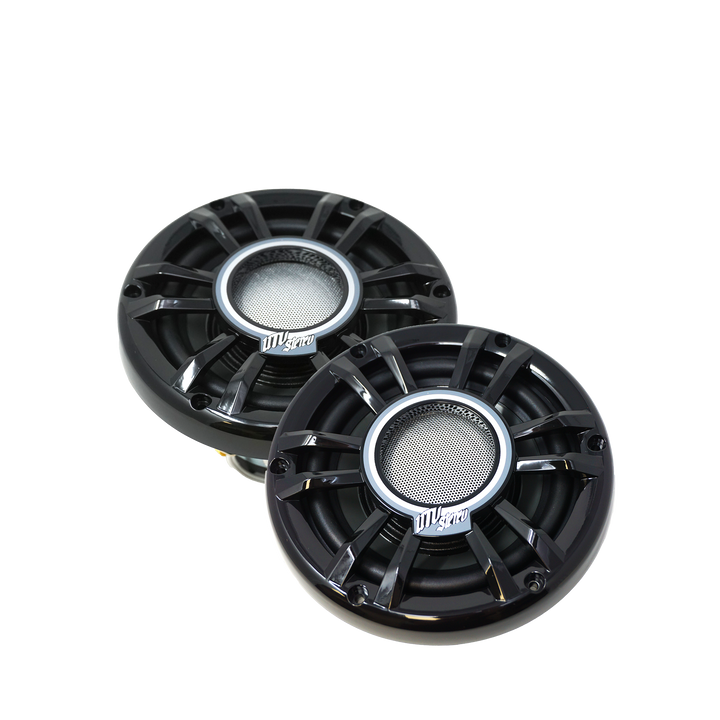 Two UTV Stereo black circular speakers with mesh grilles