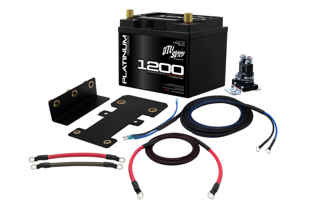 UTV Stereo 1200 AGM battery kit with mounting brackets, relay, and wiring cables