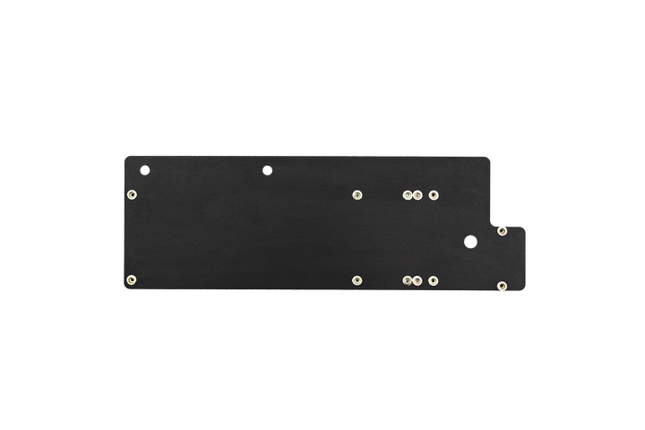 Black rectangular metal mounting plate with predrilled holes and brass threaded inserts