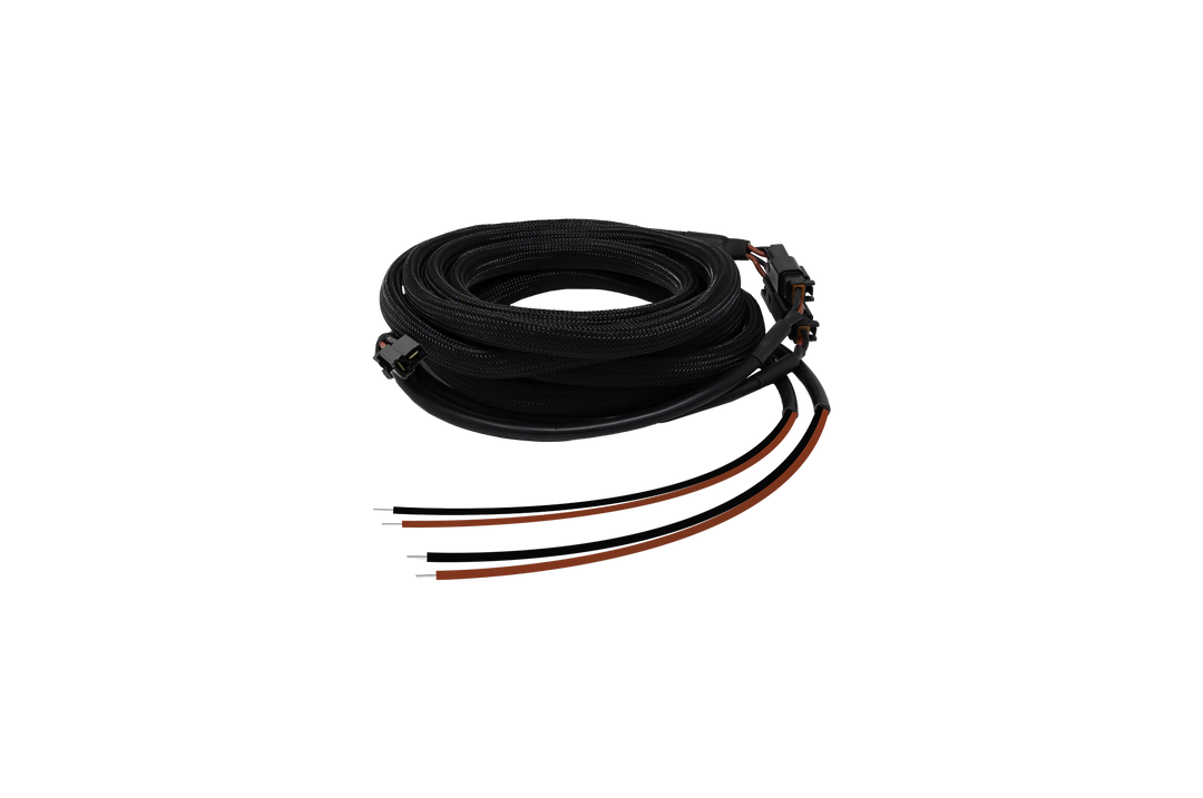 Coiled black electrical wire harness with connectors and exposed wire ends