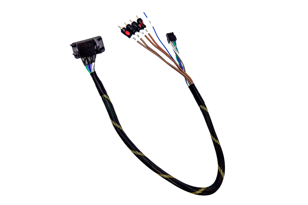 Car audio wiring harness with RCA connectors and multi colored wires