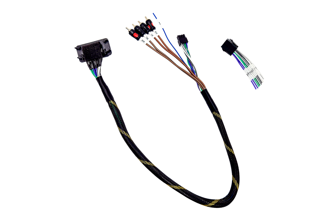 UTV Stereo wiring harness with RCA connectors and labeled speaker wires