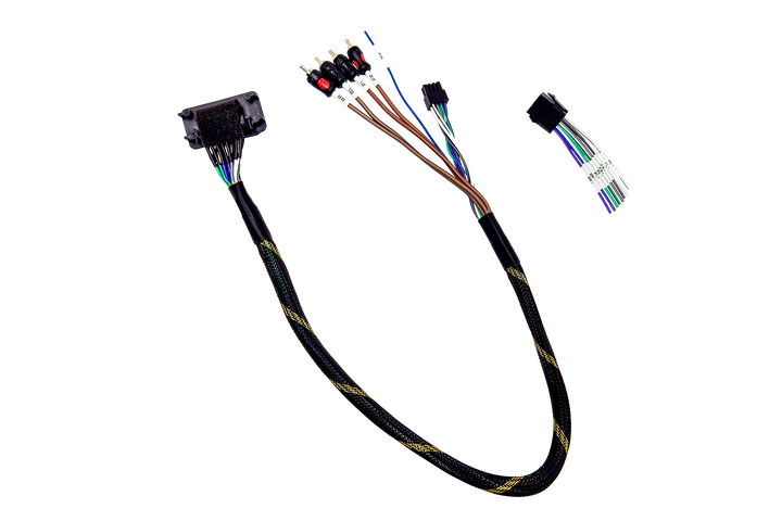 UTV Stereo wiring harness with RCA connectors and labeled speaker wires