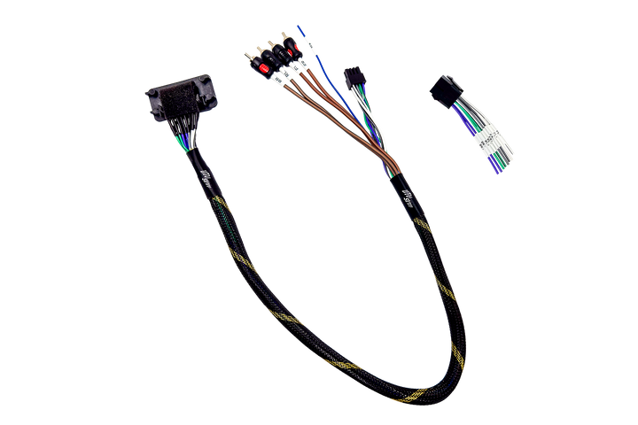 UTV Stereo wiring harness with RCA connectors and labeled speaker wires