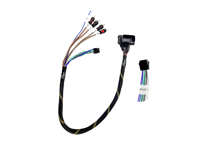 UTV Stereo wiring harness with RCA connectors and labeled speaker wires