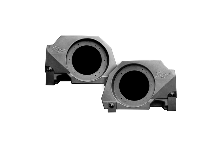 Two UTV Stereo black speaker enclosures with circular cutouts