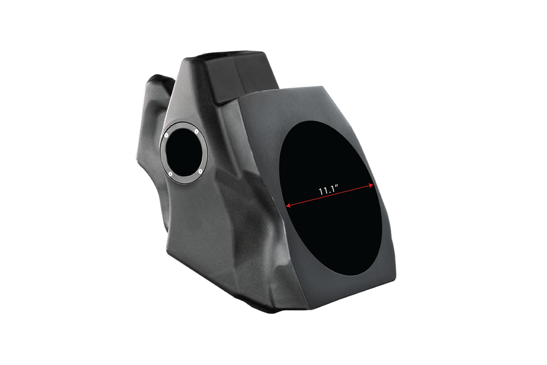 Black molded subwoofer enclosure with an 11.1 inch diameter speaker cutout