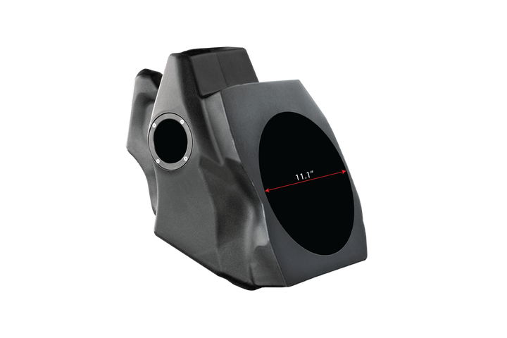 Black molded subwoofer enclosure with an 11.1 inch diameter speaker cutout