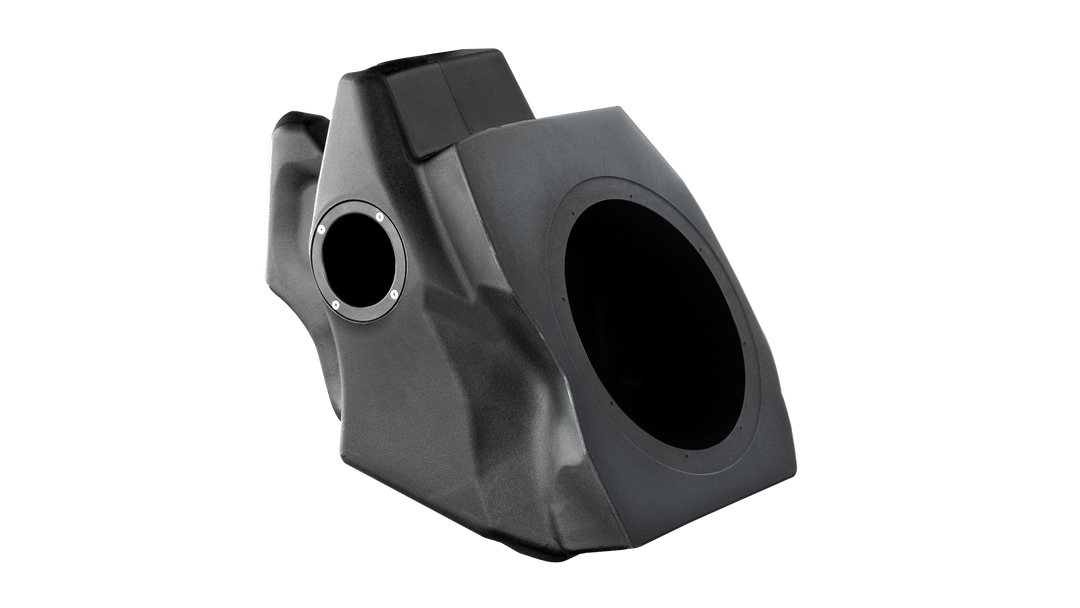 UTV Stereo black molded plastic subwoofer enclosure with speaker cutouts