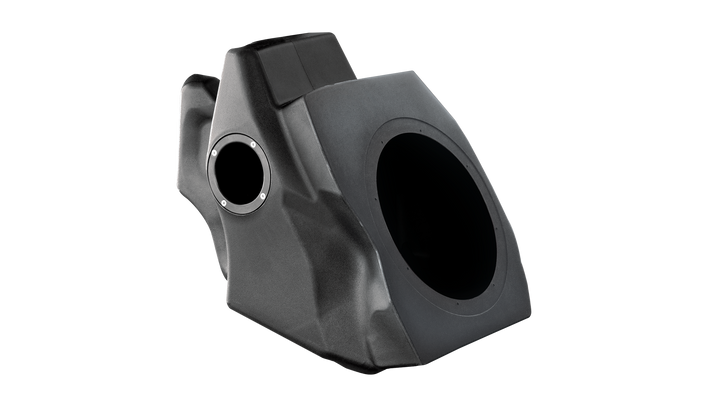 UTV Stereo black molded plastic subwoofer enclosure with speaker cutouts