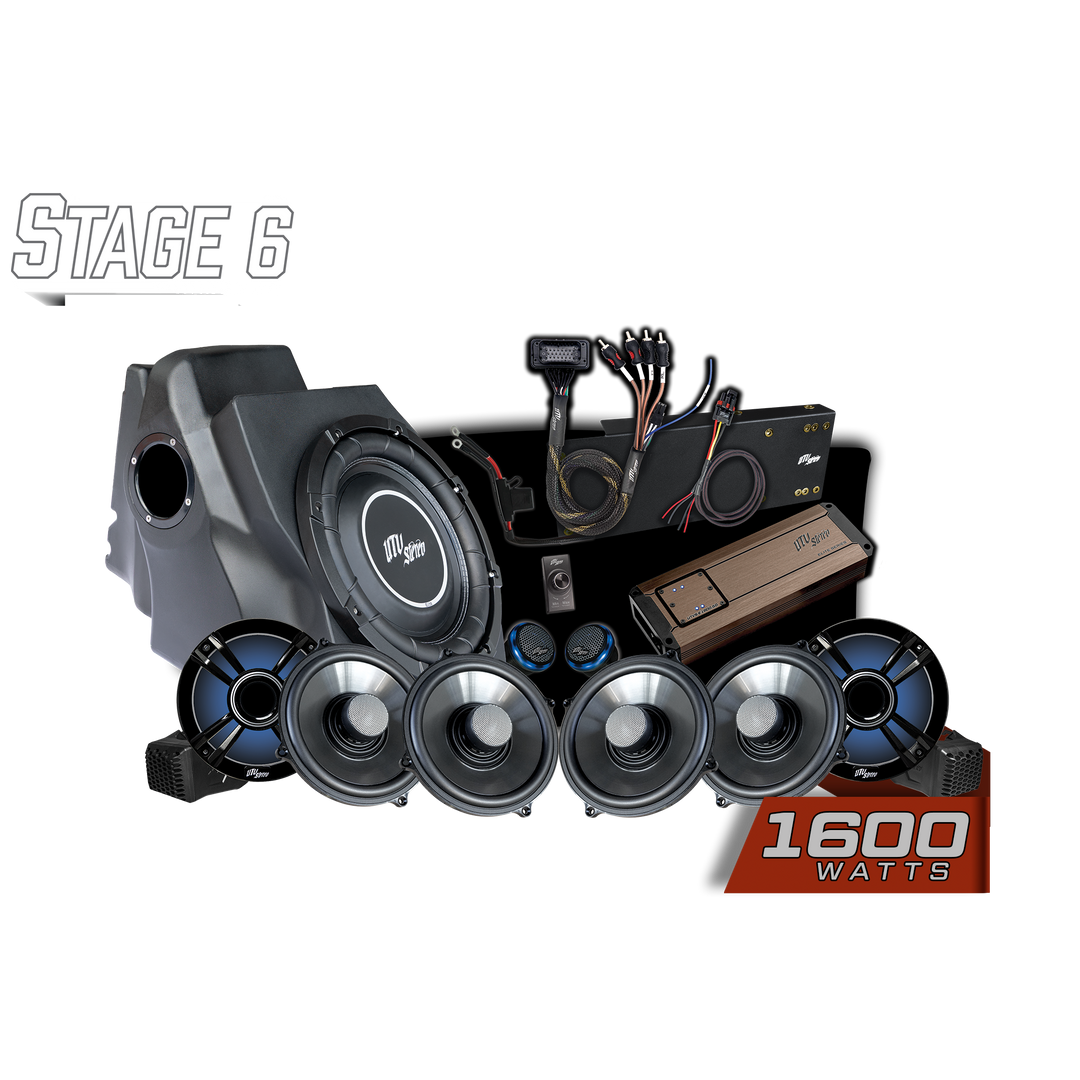 UTV Stereo Stage 6 audio system kit with subwoofer enclosure amplifier speakers and wiring harness