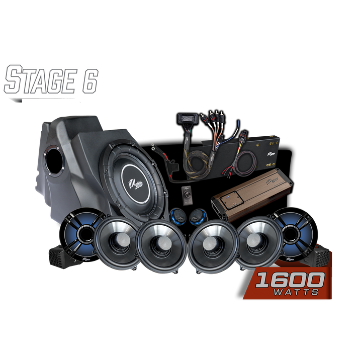 UTV Stereo Stage 6 audio system kit with subwoofer enclosure amplifier speakers and wiring harness