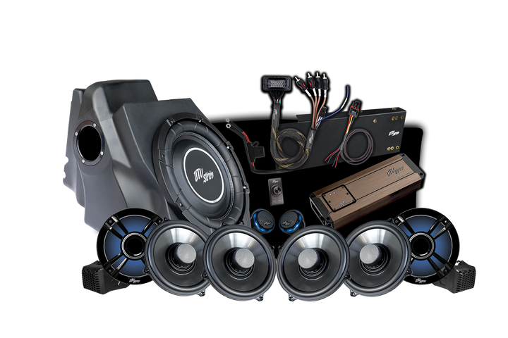 UTV Stereo audio system kit including subwoofer enclosure, amplifier, speakers, and wiring harness