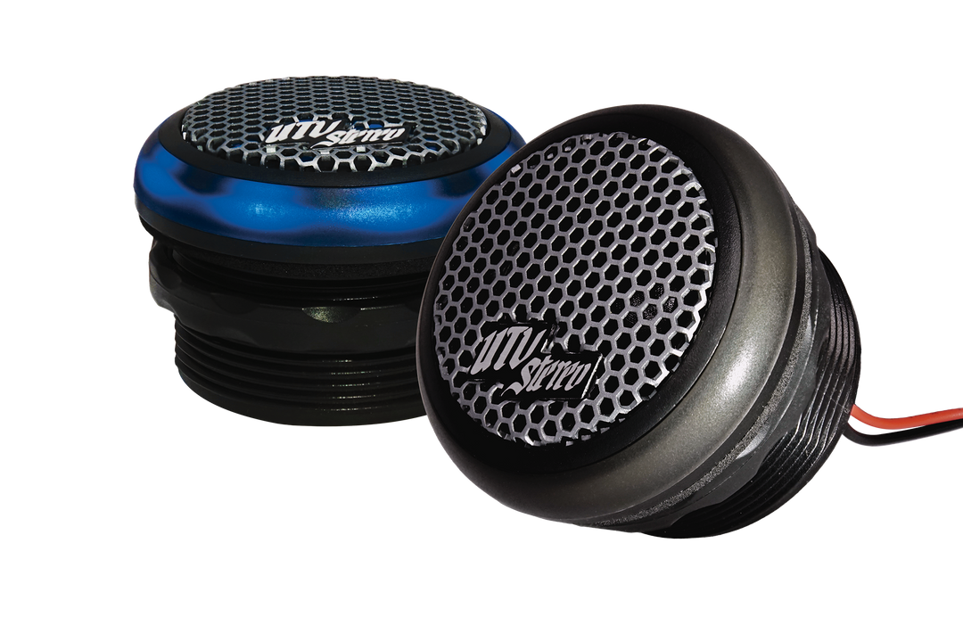 Two UTV Stereo bullet tweeters with black and blue housings and honeycomb grilles