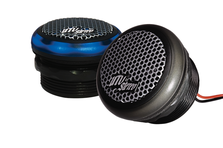 Two UTV Stereo bullet tweeters with black and blue housings and honeycomb grilles