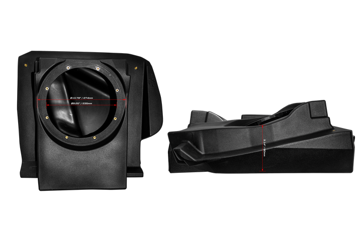 Black plastic subwoofer enclosure with dimension markings for diameter and depth